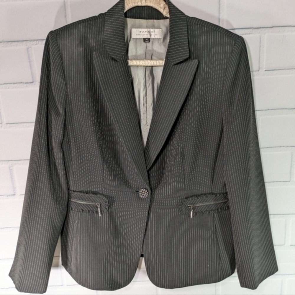 Tahari ASL Black Pinstriped Blazer Ruffled Pockets